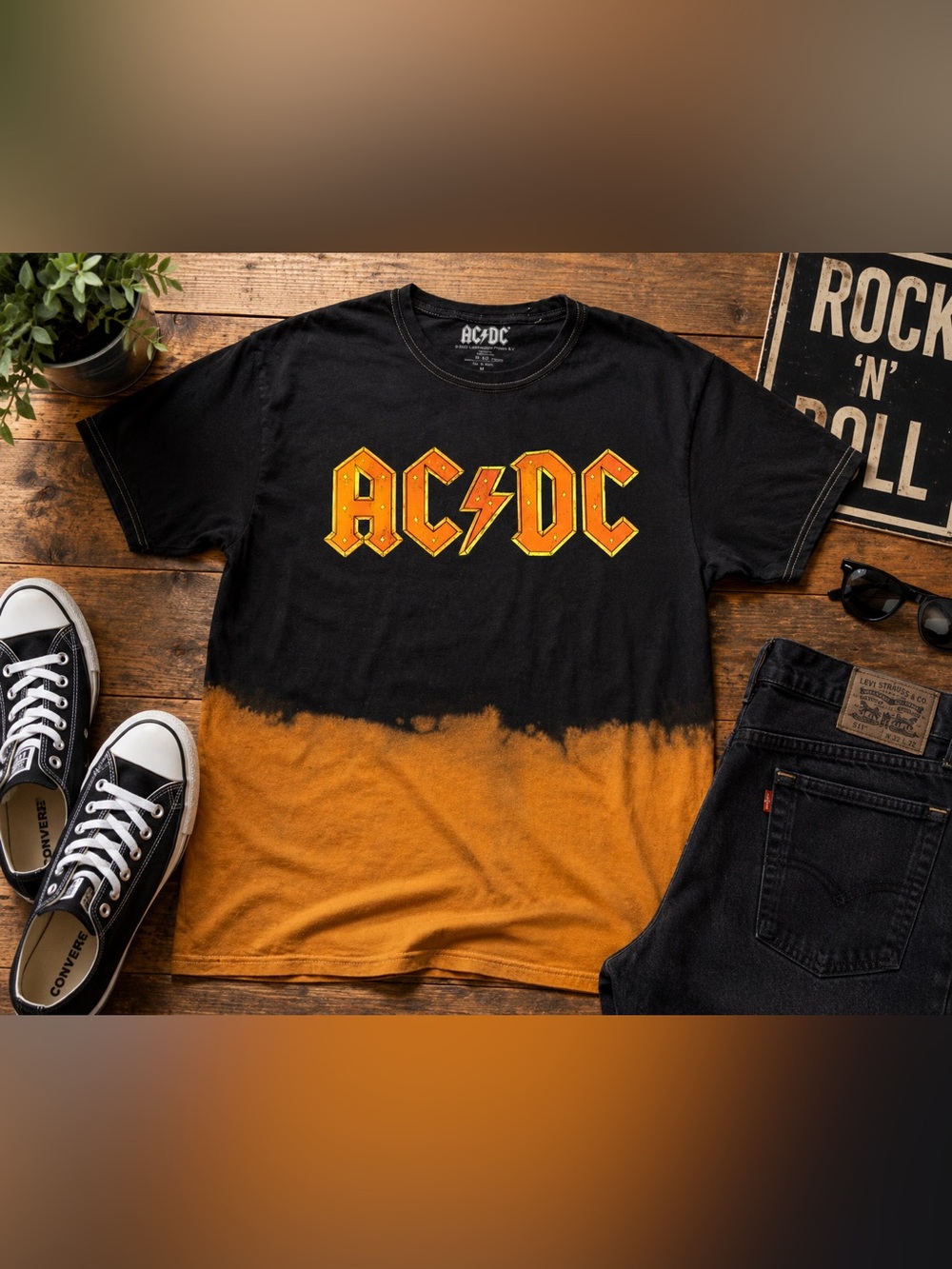 AC/DC Bleached Ombre Band Tee Medium Black Tan Rock Graphic Shirt